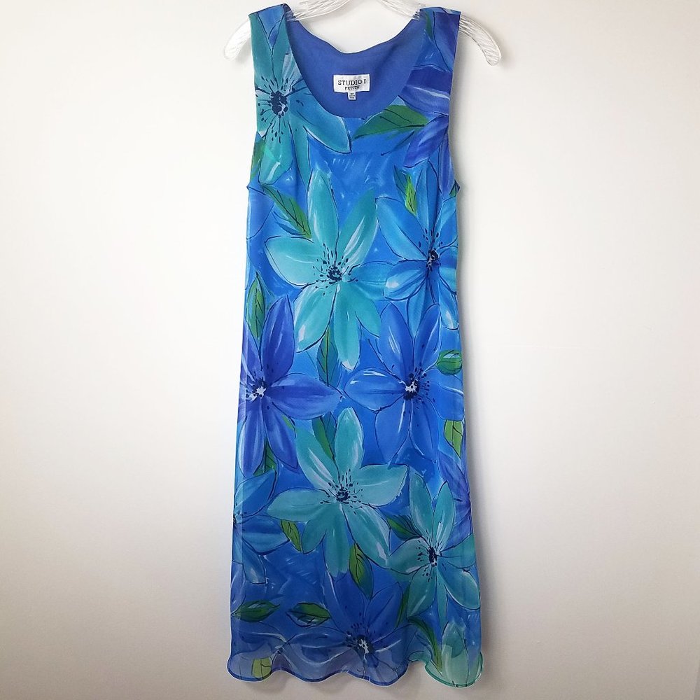 Studio 1 Women's Lined Tropical Turquoise Scoop Neck Sleeveless Dress